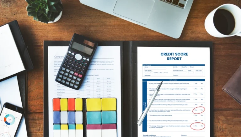 A calculator and books showing calculations, symbolizing the process of budgeting and managing finances to rebuild a credit score after a default.